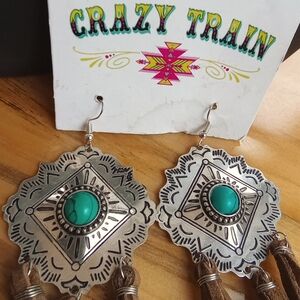 CRAZY TRAIN Square Silvertone & Faux Turquoise Southwest Wire Earrings w/ Fringe